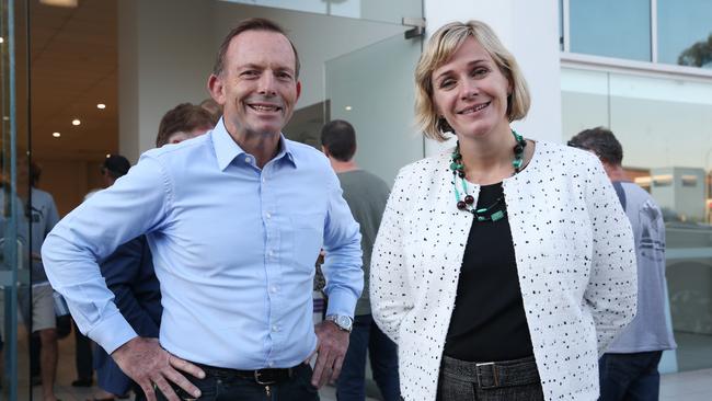 Former prime minister Tony Abbott and then challenger, now Warringah MP Zali Steggall, in the run up to the election last year Picture: David Swift.