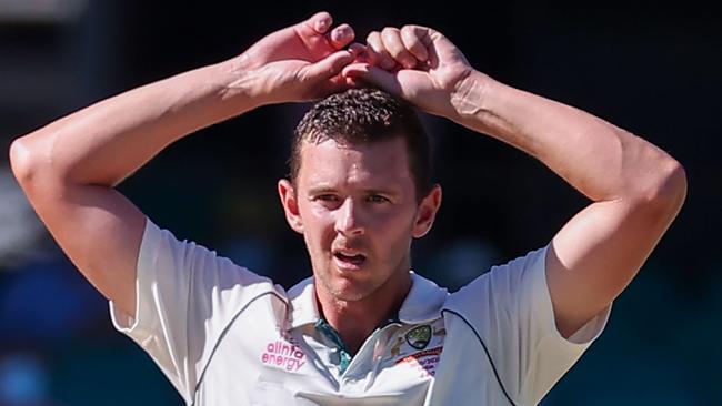 Australia's Josh Hazlewood reacts after delivering a ball during the fifth day. Picture: AFP