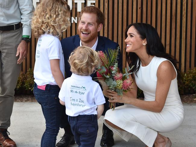 The royals speak to Findlay Blue and Dasha Gallagher after they officially opened the Taronga Institute of Science and Learning. Picture: AFP