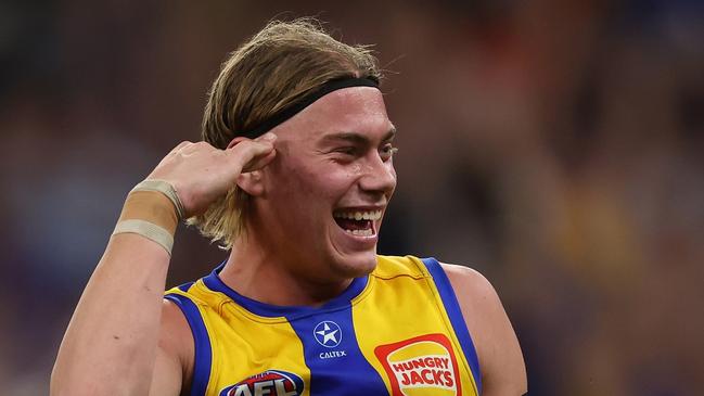 PERTH, AUSTRALIA - APRIL 20: Harley Reid of the Eagles celebrates after scoring a goal during the 2024 AFL Round 06 match between the West Coast Eagles and the Fremantle Dockers at Optus Stadium on April 20, 2024 in Perth, Australia. (Photo by Will Russell/AFL Photos via Getty Images)