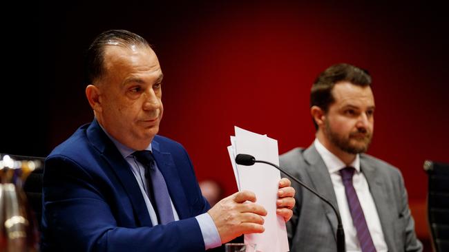 Racing NSW chief executive Peter V’landys (left) and chief operating officer Graeme Hinton appear at the state government’s inquiry into the proposal to develop Rosehill Racecourse. Picture: NewsWire / Nikki Short