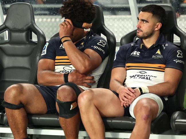 AUCKLAND, NEW ZEALAND - JUNE 14: Len Ikitau, Rob Valetini and Tom Wright of the Brumbies following the Super Rugby Pacific Semi Final match between Blues and ACT Brumbies at Eden Park, on June 14, 2024, in Auckland, New Zealand. (Photo by Phil Walter/Getty Images)