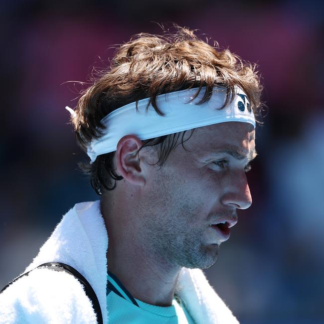 Casper Ruud felt the heat during his straight-sets opening round win over Albert Ramos-Vinolas on Margaret Court Arena on Tuesday. Picture: Cameron Spencer / Getty Images