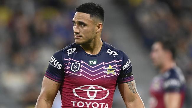 TOWNSVILLE, AUSTRALIA - JULY 22: Valentine Holmes of the Cowboys loduring the round 21 NRL match between North Queensland Cowboys and Parramatta Eels at Qld Country Bank Stadium on July 22, 2023 in Townsville, Australia. (Photo by Ian Hitchcock/Getty Images)