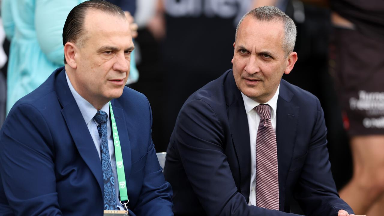 SYDNEY, AUSTRALIA - OCTOBER 01: (L-R) Peter V'landys, Chairman of the Australian Rugby League Commission and Andrew Abdo, Chief Executive Officer of the National Rugby League are seen before the 2023 NRL Grand Final match between Penrith Panthers and Brisbane Broncos at Accor Stadium on October 01, 2023 in Sydney, Australia. (Photo by Matt King/Getty Images)