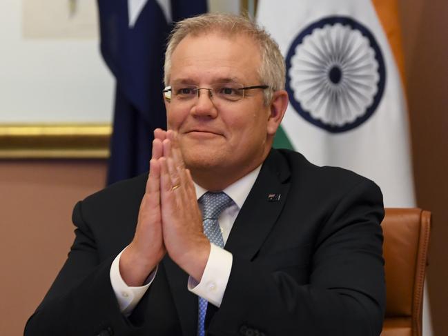 Australian Prime Minister Scott Morrison speaks to Indian Prime Minister Narendra Modi during the 2020 Virtual Leaders Summit between Australia and India at Parliament House in Canberra, Thursday, June 4, 2020. (AAP Image/Lukas Coch) NO ARCHIVING