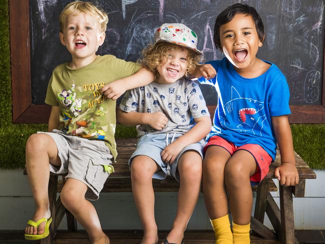 Taitum Eschler, 3, Olly Muoio, 4 and Kidston Otutaha, 4 from the Gold Coast enjoy each other’s company. Picture: Nigel Hallett