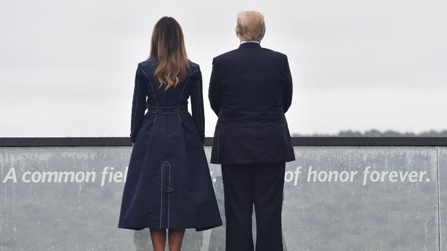 US President Donald Trump and First Lady Melania Trump in Shanksville, Pennsylvania on September 11, 2018, at a memorial for those who died in Flight 93 which crashed during the 9/11 attacks. Picture: Nicholas Kamm/AFP