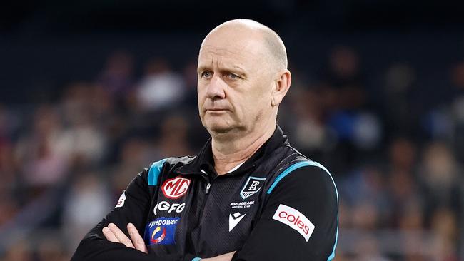 BRISBANE, AUSTRALIA – SEPTEMBER 09: Ken Hinkley, Senior Coach of the Power is seen during the 2023 AFL Second Qualifying Final match between the Brisbane Lions and the Port Adelaide Power at The Gabba on September 09, 2023 in Brisbane, Australia. (Photo by Michael Willson/AFL Photos via Getty Images)