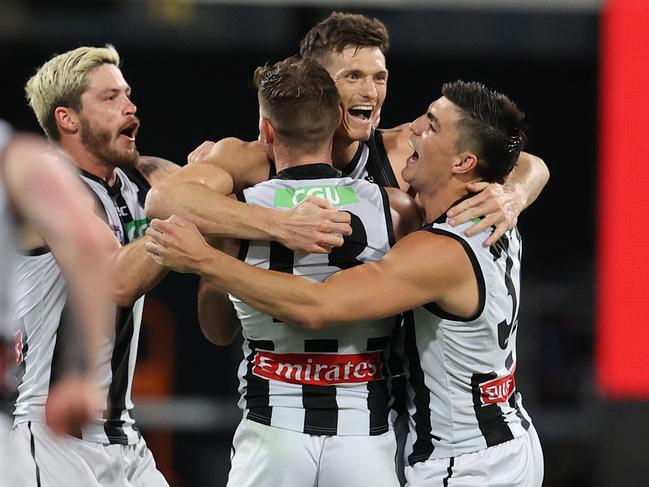 AFL Round 14. Carlton vs Collingwood at the Gabba, Brisbane.. 30/08/2020...  Brody Mihocek of the Magpies celebrates his goal in the fourth quarter  . Pic: Michael Klein