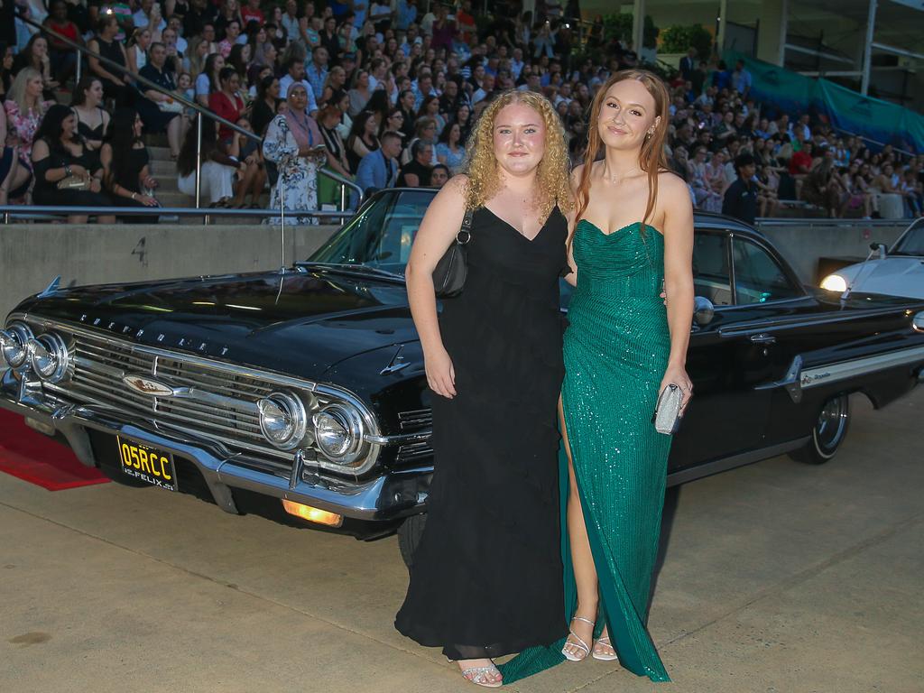 Kayla Vanderbyl and Jorja Heinicke at the Red Carpet arrivals at Sea World for the Pimpama SHS Formal 2023. Picture: Glenn Campbell