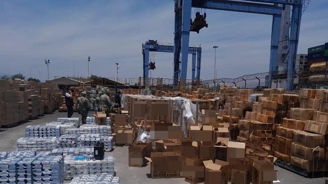 In April 2023, the Mexican navy shows boxes of liquid meth concealed in bottles of tequila that were seized at the port of Manzanillo. Picture: Secretaria de Marina/ Semar