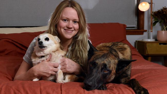 A new study has found the majority of dog owners let their dogs sleep with them. Amanda Walker with her two dogs, Rip and Heidi.
