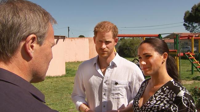 Bradby with Harry and Meghan for their An African Journey special. Picture: ITV