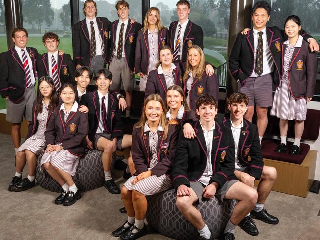 Haileybury twins Karen and Kaye Liu, 17, Kevin Dai and Arvin Jiao, 18, Hope and Scarlett Wiltshire, 18, Miller and Oliver Foley, 18. Standing at rear L to R Jasper and Ashley Waring, 18, Mitch and Harry Tuffley, 18, Charlotte and Emerson Jones, 18, Phoebe and Zara Munro, 18, Kelvin and Karen Liu, 17. Picture: Mark Stewart