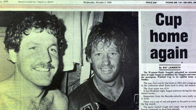 Wynnum-Manly pair Gene Miles and Mal Green on page 1 of the Wynnum Herald in the 1980s.