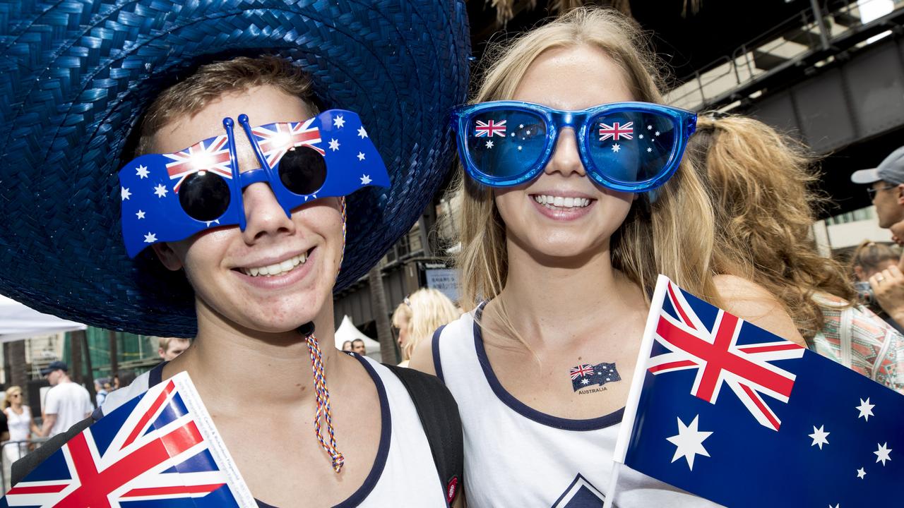 Australia Day revellers pose for photos at Circular Quay on January 26, 2018. Picture: Cole Bennetts/Getty Images