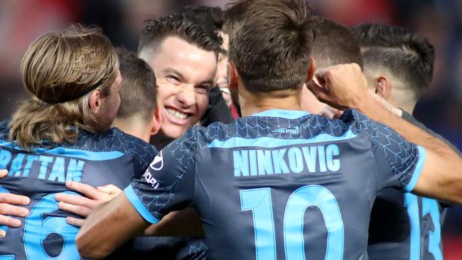 Sydney FC players celebrate a goal. Picture: AAP