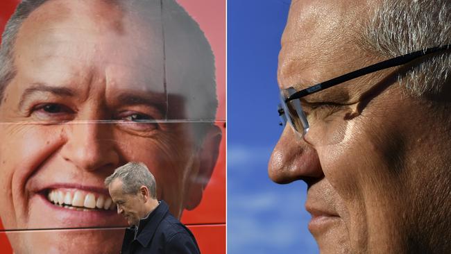 A composite image created on Monday, May 13, 2019, of; Australian Opposition Leader Bill Shorten walks past the campaign bus after handing out election material for local Labor candidate for Reid Sam Crosby at Rhodes train station in Sydney, Monday, May 13, 2019. A Federal election will be held in Australian on Saturday May 18, 2019. (AAP Image/Lukas Coch) NO ARCHIVING *** Prime Minister Scott Morrison at a housing construction site at Orchard Hills in Sydney, Monday, May 13, 2019. (AAP Image/Mick Tsikas) NO ARCHIVING