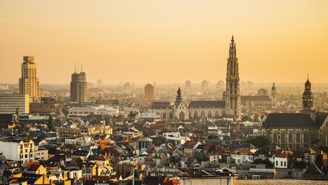 Antwerp, Belgium, at sunset, with its main high-rises and the cathedral.