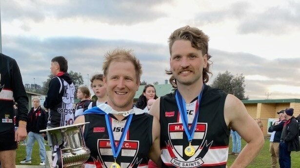 Millicent's Dylan Bromley (right) led his club to yet another Western Border FL flag. Picture: Millicent Football Club