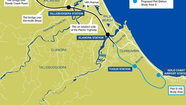 Map of the planned extension of the Gold Coast heavy rail to Gold Coast Airport