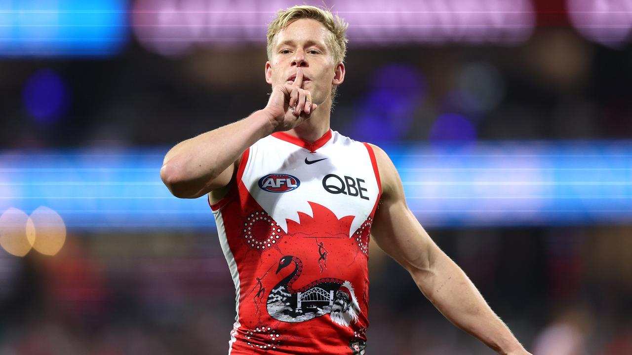 SYDNEY, AUSTRALIA - MAY 17: Isaac Heeney of the Swans celebrates kicking a goal during the round 10 AFL match between Sydney Swans and Carlton Blues at SCG, on May 17, 2024, in Sydney, Australia. (Photo by Mark Metcalfe/AFL Photos/via Getty Images)