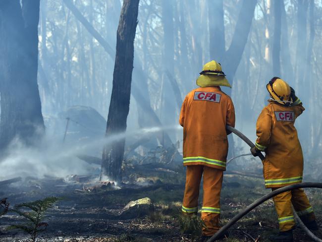 CFA firefighters douse smouldering trees at the Lancefield fire. Picture: AAP