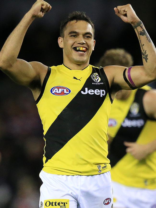 Stack celebrates a goal for the Tigers this year. Picture: Mark Stewart