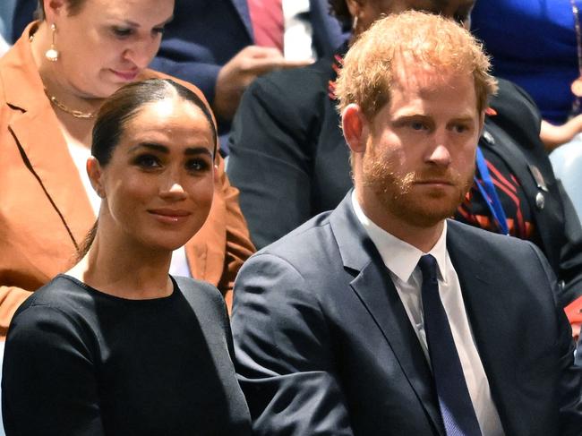 Prince Harry and Meghan Markle, the Duke and Duchess of Sussex, attend the 2020 UN Nelson Mandela Prize award ceremony at the United Nations in New York on July 18, 2022. Picture: Timothy A. Clary / AFP.