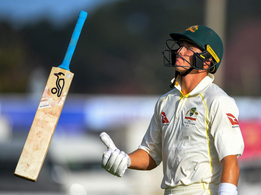 Marnus Labuschagne tosses his bat as he walks back to the pavilion. Picture: Ishara S. Kodikara/AFP