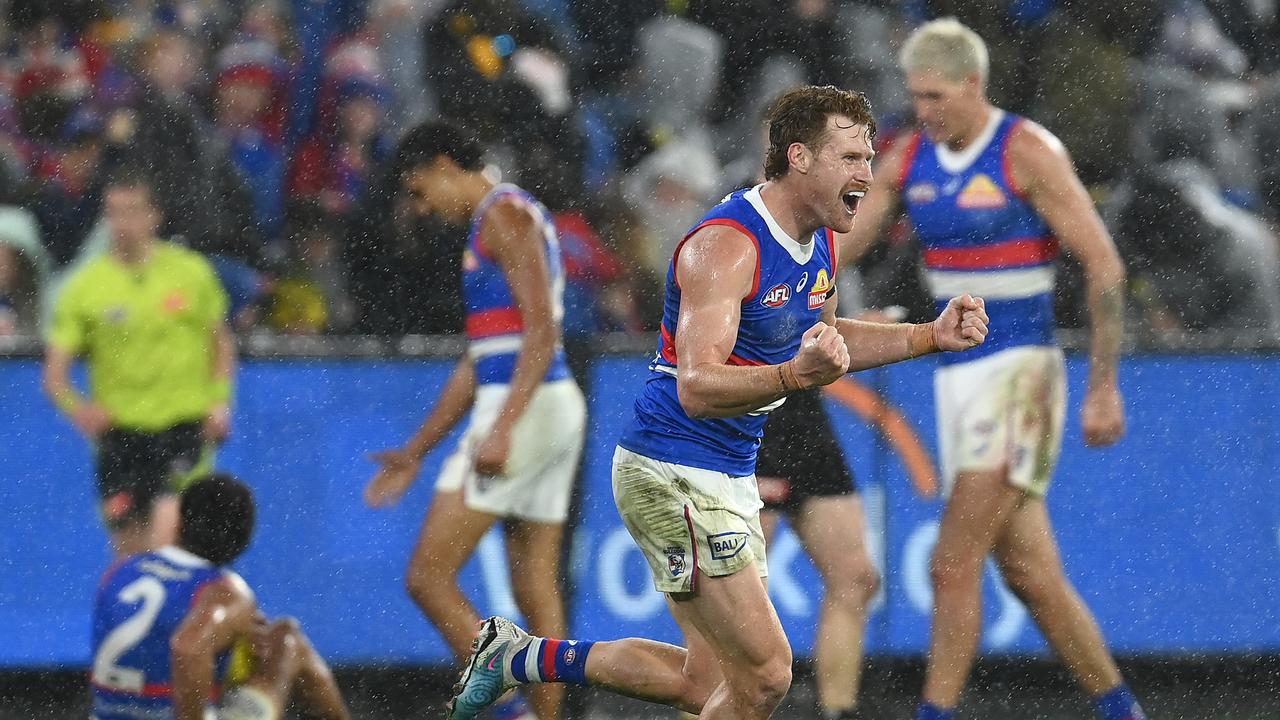 Oskar Baker of the Bulldogs celebrates winning the round four AFL match between Richmond Tigers and Western Bulldogs at Melbourne Cricket Ground, on April 08, 2023, in Melbourne, Australia. (Photo by Quinn Rooney/Getty Images)