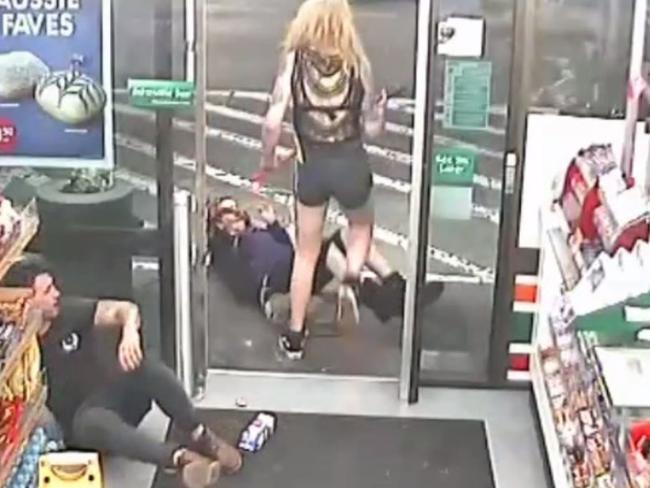 Amati steps over Ms Hacker and leaves the 7-Eleven in Enmore with her axe dripping blood.