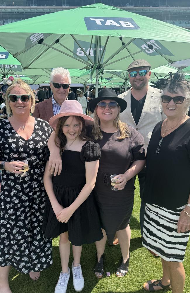 Sarah Jonas-Ferguson, Maeve Ferguson, Les Jonas, Lisa Jonas, Blake Ferguson and Maureen Anderson at Flemington for Derby Day on November 2, 2024. Picture: Phillippa Butt