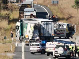 The scene of a three truck crash at Granite Creek, South of Miriam Vale on the Bruce Highway that occurred overnight. Picture: Rodney Stevens