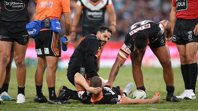 Wests Tigers star Adam Doueihi has suffered a suspected ACL injury. Picture: NRL Imagery.