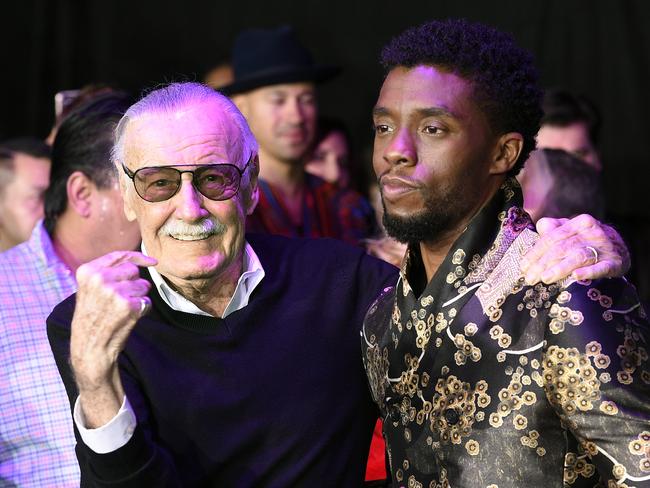 Comic book legend Stan Lee, left, creator of the "Black Panther" superhero, poses with Chadwick Boseman, at the premiere at The Dolby Theatre. Picture: AP