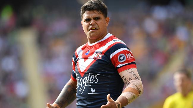 Latrell Mitchell of the Roosters is seen reacting during the Round 9 NRL match between the Sydney Roosters and the Canberra Raiders at Suncorp Stadium in Brisbane, Sunday, May 12, 2019. (AAP Image/Darren England) NO ARCHIVING, EDITORIAL USE ONLY