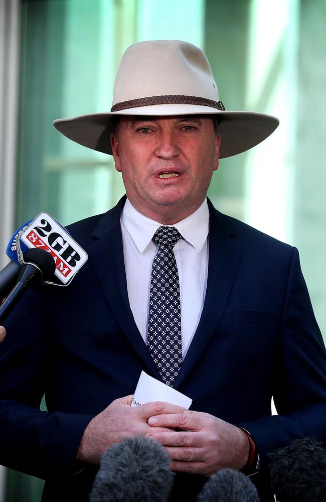 Deputy PM Barnaby Joyce donned his Akubra for a press conference at Parliament House in Canberra, called to respond to PM Malcolm Turnbull. Picture: Kym Smith