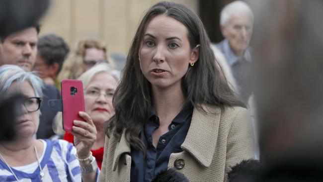 Sue Neill-Fraser's daughter Sarah Bowles addresses the media outside Hobart Supreme Court after her mother's bid for an appeal was approved. Picture: PATRICK GEE