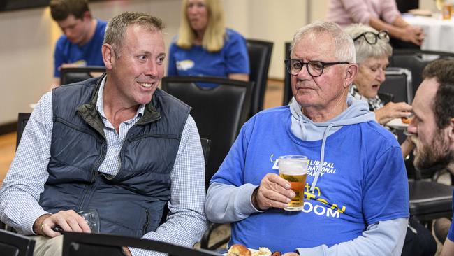 Groom LNP candidate Garth Hamilton (left) talks with volunteers at Club Toowoomba on federal election night, Saturday, May 3, 2025. Picture: Kevin Farmer