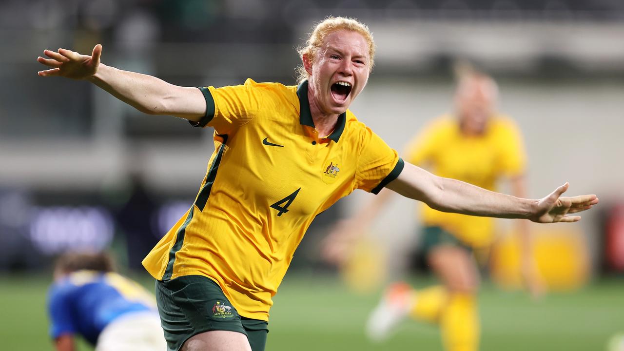 SYDNEY, AUSTRALIA - OCTOBER 23: Clare Polkinghorne of the Matlidas celebrates scoring a goal during the Women's International Friendly match between the Australia Matildas and Brazil at CommBank Stadium on October 23, 2021 in Sydney, Australia. (Photo by Mark Kolbe/Getty Images)