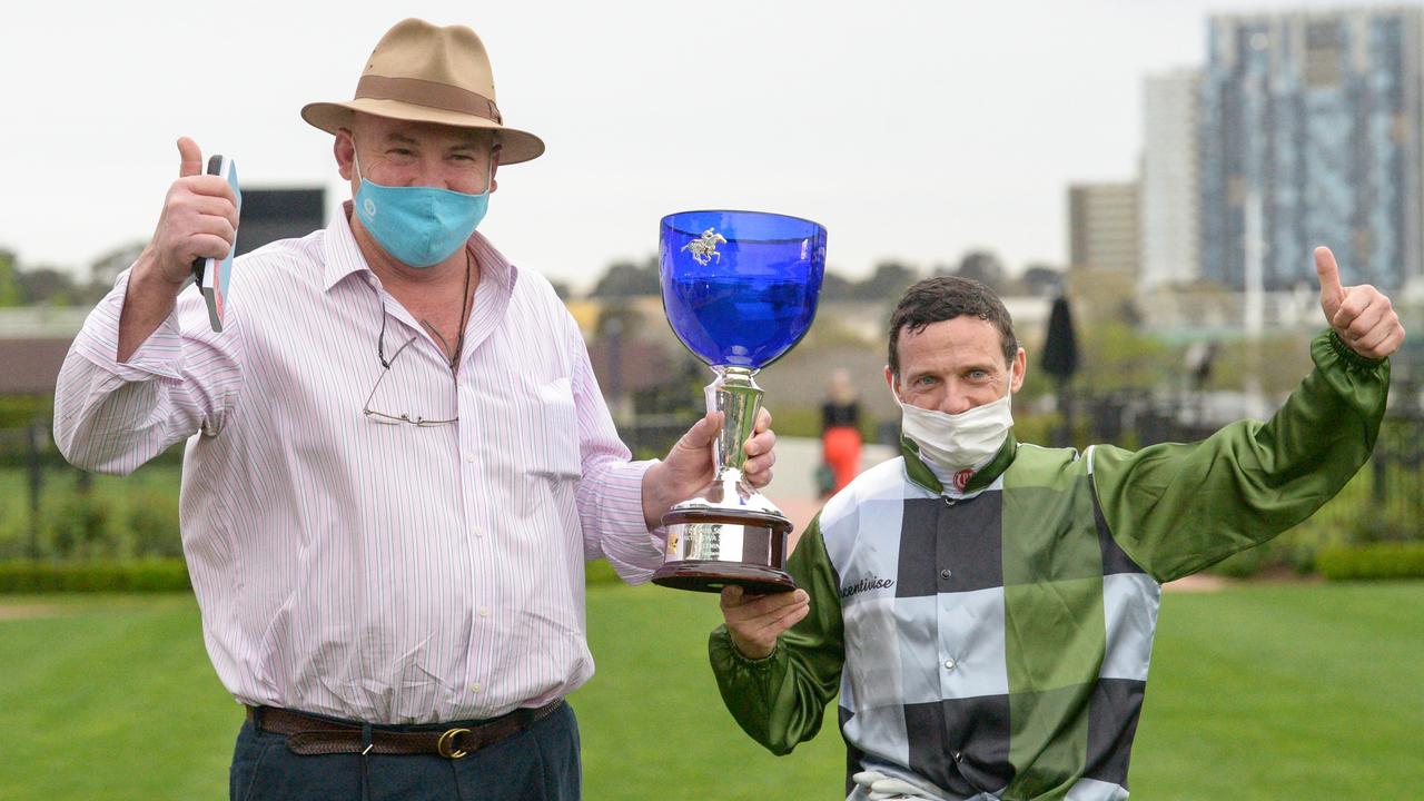 Peter Moody with Brett Prebble after Incentivise won the Makybe Diva Stakes. Picture: Racing Photos via Getty Images