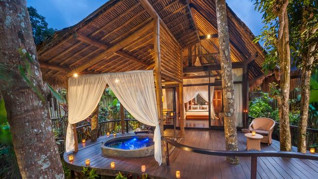 A villa with alfresco bath in the leafy surrounds of Fivelements, near Ubud, Bali.