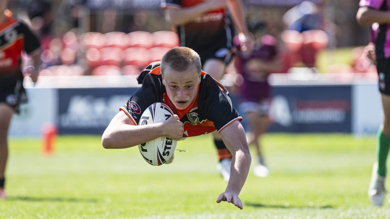 Nate Goulding gets a try for Southern Suburbs against Dalby Devils in U14 boys Toowoomba Junior Rugby League grand final at Toowoomba Sports Ground, Saturday, September 7, 2024. Picture: Kevin Farmer