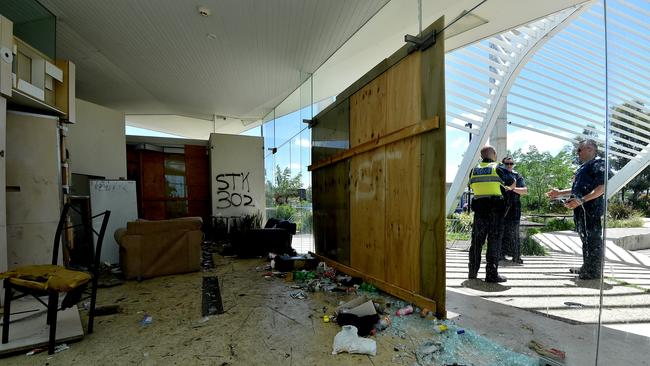 Police at the Ecoville Community Centre in Tarneit that has been trashed by gangs of youths.