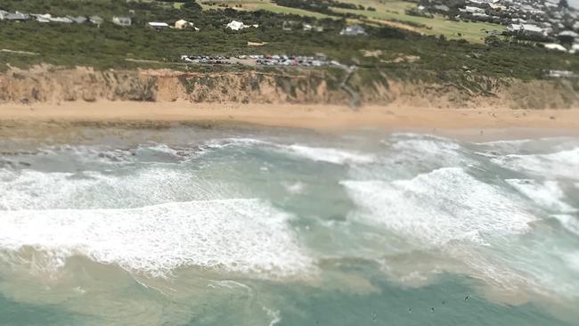 The dangerous rip at 13th Beach on Sunday, where four swimmers got into trouble. Picture: Life Saving Victoria