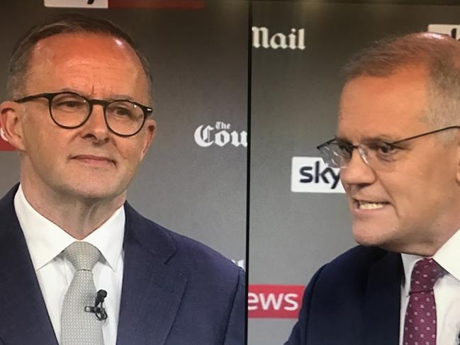 Debate screen grabs > CHINA argument FEDERAL ELECTION TEAM 2022. LEADERS DEBATE. POOL IMAGES. 20/4/2022 Sky News / The Courier-Mail Peopleâ€™s Forum with Scott Morrison and Anthony Albanese at the Gabba in Brisbane in front of 100 undecided voters, the first debate of the federal election.COURTESY SKY NEWS