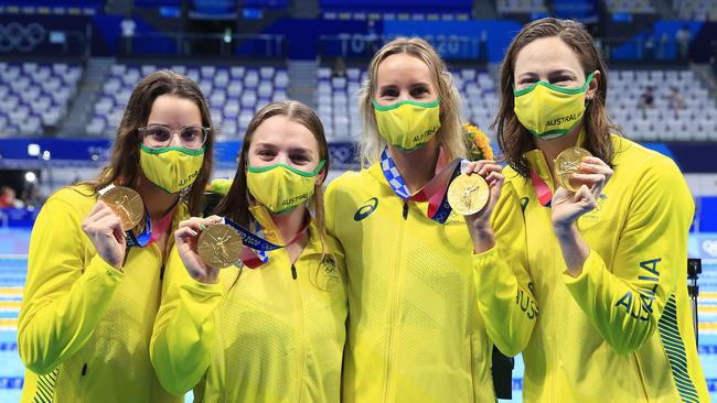 Australia’s Olympic gold medal winning 4x100m medley relay team Emma McKeon, Kaylee McKeown, Chelsea Hodges and Cate Campbell. Picture: Adam Head