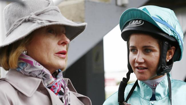 2015 Geelong Cup at Geelong Racecourse, Race - 9, Trainer Gai Waterhouse talks with jockey Michelle Payne. 21st October 2015. Picture: Colleen Petch.